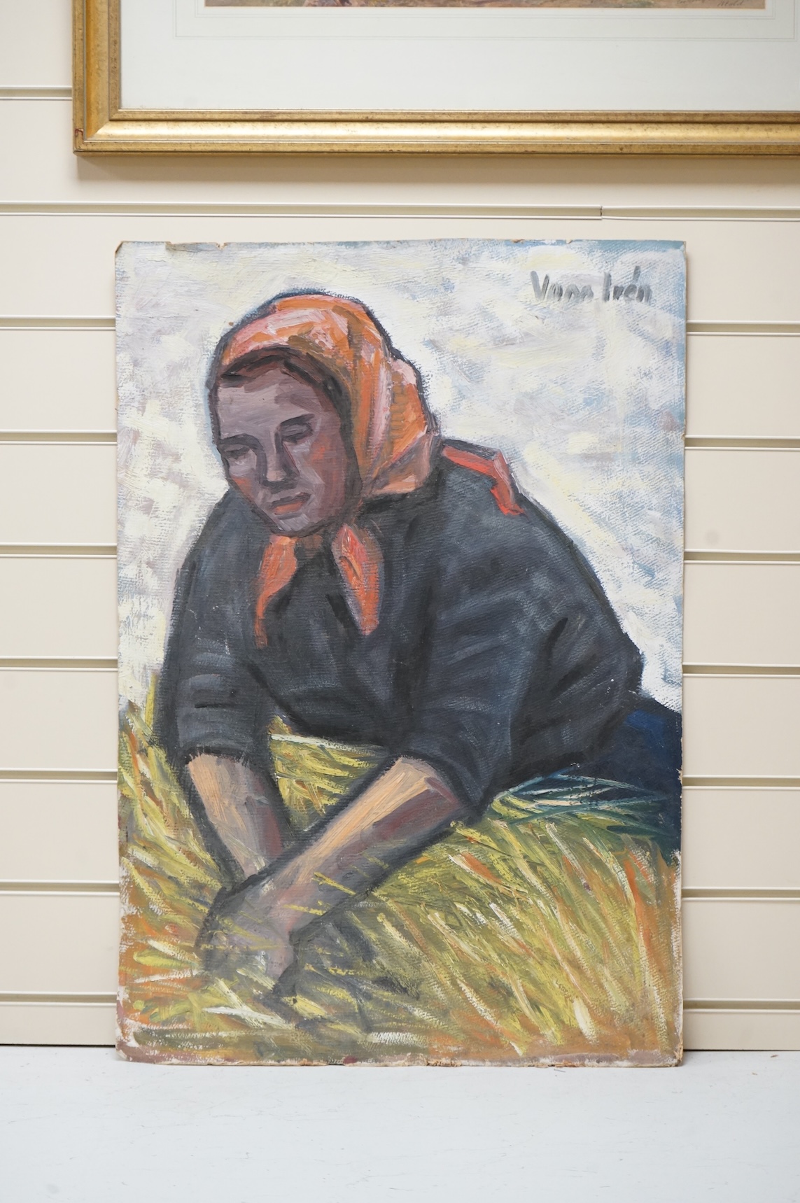 Vass Ireni ?, Hungarian School, oil on board, Study of a farm worker, indistinctly signed, inscribed and National Gallery export stamp of Hungary verso, 72 x 50cm, unframed